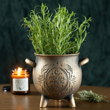 Load image into Gallery viewer, Herbal Magic Bronze Effect Terracotta Cauldron Plant Pot