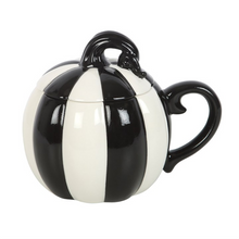 Load image into Gallery viewer, Black and White Striped Pumpkin Lidded Mug
