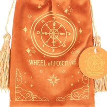Load image into Gallery viewer, The Wheel of Fortune Vintage Tarot Velvet Drawstring Bag
